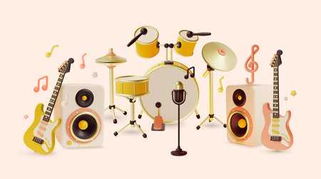 3d Concert Musical Equipment Concept Cartoon Style Include of Drum Kit, Microphone, Sound Speakers and Electric Guitar. Vector illustrationのイラスト素材
