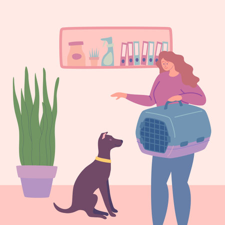 Cartoon Color Character Girl with Dog and Carrier Concept Flat Design Style. Vector illustration of Cute Puppyのイラスト素材