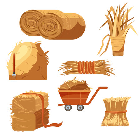 Cartoon Color Different Hay Bales Icon Set Straw in Rolls and Wheelbarrow Concept Flat Design Style. Vector illustration of Haystacksのイラスト素材