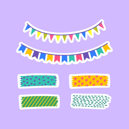 Cartoon Color Diary Stickers Journal Planner Set Concept Flat Design Style Include of Different Tape. Vector illustration of Stickerのイラスト素材