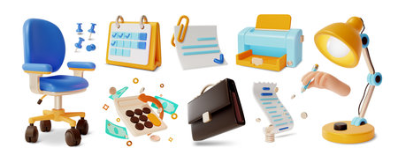 3d Office Icon Set Cartoon Style Include of Calculator, Chair, Calendar, Printer and Lamp. Vector illustrationのイラスト素材