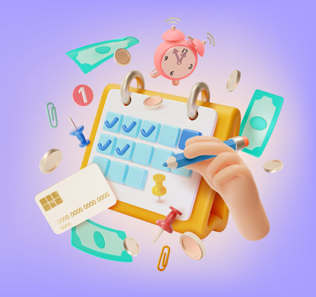 3d Budget Planning Managing Income and Expenses for Next Month Concept Background Cartoon Style Floating Objects. Vector illustrationのイラスト素材