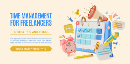 3d Time Management for Freelancers Best Tips and Tricks Placard Poster Banner Card Template Cartoon Style. Vector illustrationのイラスト素材