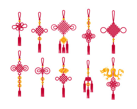 Cartoon Color Chinese Tassels Traditional Set Celebration Concept Flat Design Style Chinese Characters mean Happy. Vector illustration of Red Asian Knotのイラスト素材