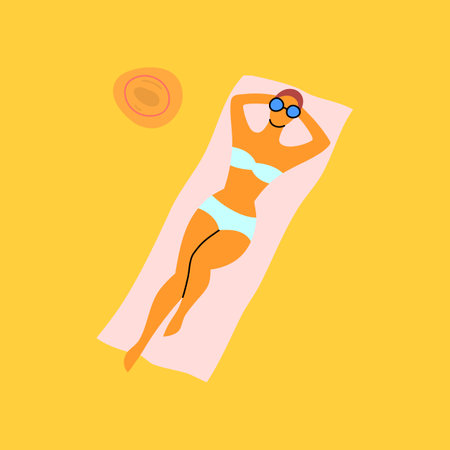 Cartoon Color Character Woman Sunbathing Concept Flat Design Style. Vector illustration of Tanned Girl in a Swimsuit on the Beachのイラスト素材
