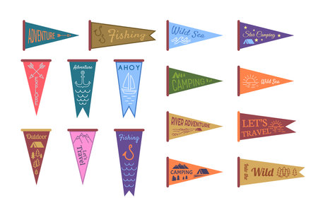 Cartoon Color Different Adventure Pennants Icons Set Concept Flat Design Style. Vector illustration of Pennant with Camping and Fishingのイラスト素材