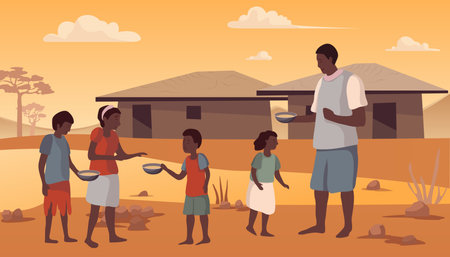 Cartoon Color Characters People and Hunger and Food Crisis Concept Flat Design Style. Vector illustration of Suffering from Starvationのイラスト素材