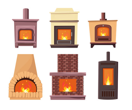 Cartoon Color Different Iron Wood Burning Stove Set Concept Flat Design Style. Vector illustration of Fireplaces Stovesのイラスト素材