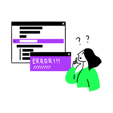 Cartoon Color Web Development Concept Scene with Character Girl and Error Search Flat Design Style. Vector illustrationのイラスト素材