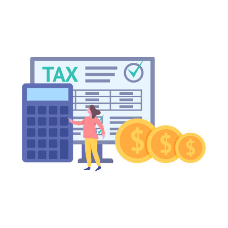 Cartoon Color Taxes and Fees Paying Concept with Character Woman Calculator, Money Isolated on a White Background. Vector illustrationのイラスト素材