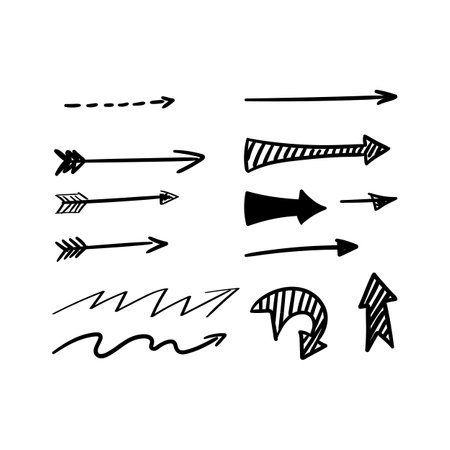 Drawn Arrow Sign Black Thin Line Icon Set Symbol of Direction. Vector illustration of Arrows Signs Freehand Curved Linesのイラスト素材