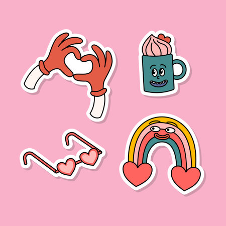 Cartoon Color Groovy Hippie Valentine Day Stickers Set Romantic Holiday Concept Flat Design Style. Vector illustrationのイラスト素材