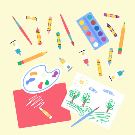 Cartoon Color Drawing Element Set Concept Flat Design Style Include of Brush, Paint and Palette. Vector illustrationのイラスト素材