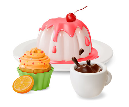 3d Panna Cotta with Cherry, Cupcake and Syrup Cup Coffee Splash Sweet Dessert Food Cartoon Style Isolated on a White Background. Vector illustrationのイラスト素材