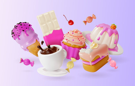 3d Fresh and Delicious Sweet Desserts Order Concept Background Cartoon Style Include of Candy, Muffin, Ice Cream and Chocolate. Vector illustrationのイラスト素材