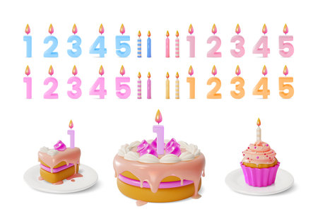 3d Candle Numbers with Cupcake, Birthday Cake Piece and Whole Set Cartoon Style for Anniversary Party . Vector illustrationのイラスト素材