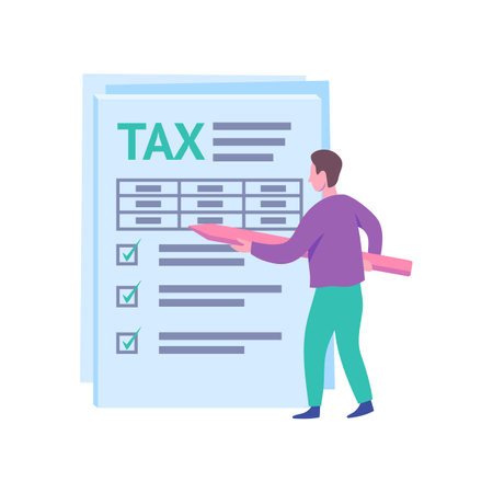 Cartoon Color Taxes and Fees Paying Concept with Character Man Finance Document Isolated on a White Background. Vector illustrationのイラスト素材