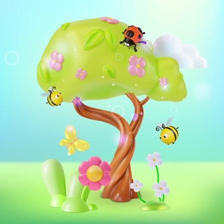3d Blooming Tree with Flying around Bees, Ladybug Insect and Butterfly Cartoon Style Spring Concept. Vector illustrationのイラスト素材