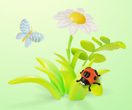 3d Chamomile Flower in Bloom with Flying around Ladybug Insect and Butterfly Cartoon Style. Vector illustrationのイラスト素材