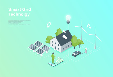 Color Smart Grid Technology with Renewable Energy System for House and Car Concept 3D Isometric View. Vector illustrationのイラスト素材