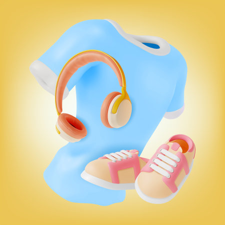 3d Health and Fitness Equipment Concept Background Cartoon Design Style Shirt, Shoes Pair and Headphones. Vector illustrationのイラスト素材