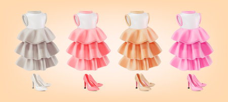 3d Different Color Clothes Female Dress and High Heels Cartoon Design Style. Vector illustration of Girl Wardrobe Elementのイラスト素材