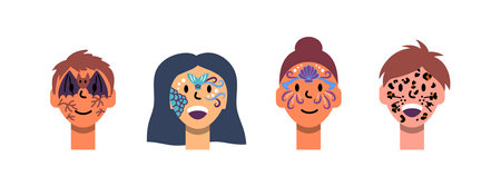 Cartoon Color Characters Kids Face Painting Concept Flat Design Style Include of Bat, Mermaid and...