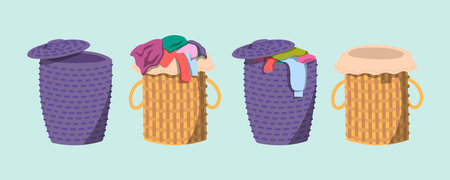 Cartoon Color Wicker Basket with Laundry and Empty Set Concept Flat Design Style. Vector illustration of Messy Pile of Dirty Clothing Items in Basketsのイラスト素材
