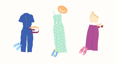 Cartoon Clothes Female Dress and Skirt Combo Set Concept Flat Design Style Isolated on a White Background. Vector illustrationのイラスト素材