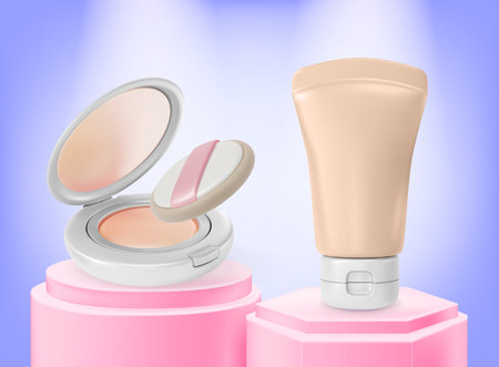 3d Makeup Cosmetic Product Concept Foundation and Powder Cartoon Design Style. Vectorのイラスト素材