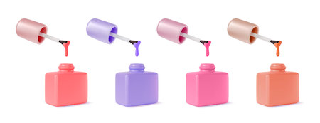 3d Different Color Nail Polish Bottle with Brush Set Cartoon Design Style. Vectorのイラスト素材