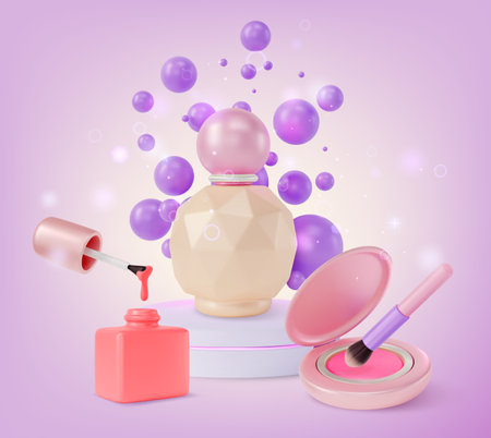 3d Makeup Cosmetic Product Concept Perfume, Blush, Brush and Nail Polish Cartoon Design Style. Vectorのイラスト素材