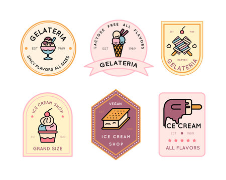Cartoon Color Ice Cream Sticker Badge Set. Vectorのイラスト素材