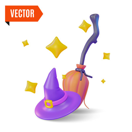3d Witch Hat and Broom Halloween Concept Cartoon Design Style. Vectorのイラスト素材