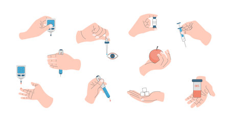 Cartoon Color Different Hand Gestures and Diabetes Devices Set. Vectorのイラスト素材