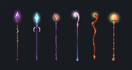 Cartoon Color Different Type Magical Staff Set. Vectorのイラスト素材