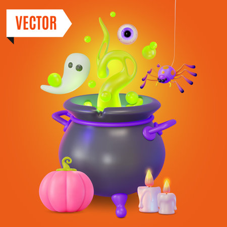 3d Happy Halloween Concept Witch Cauldron and Pumpkin Cartoon Design Style. Vectorのイラスト素材
