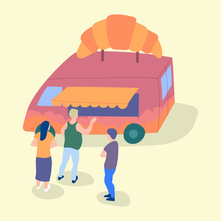 Cartoon Color Characters People and Bakery Street Food Caravan Trailer Concept Flat Design Style. Vector illustrationのイラスト素材