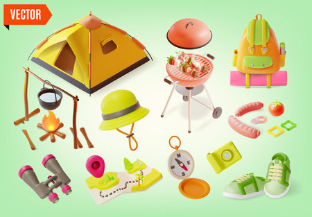 3d Camping Set Travel and Tourism Concept Cartoon Design Style. Vectorのイラスト素材