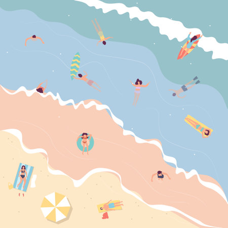 Cartoon Color Beach Resort Seascape Scene Top View. Vectorのイラスト素材