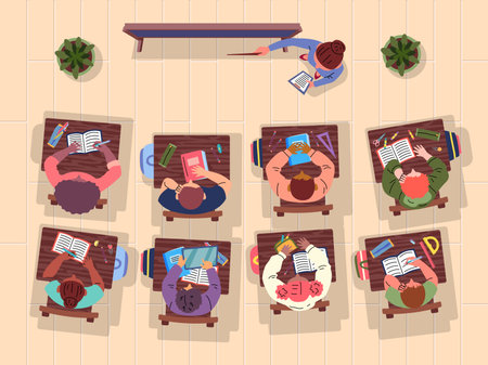 Cartoon Color Characters People and Classroom Top View Concept. Vectorのイラスト素材