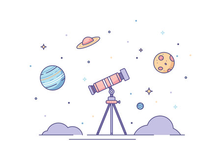 Telescope Looking to the Stars and Planets Color Thin Line Concept. Vectorのイラスト素材