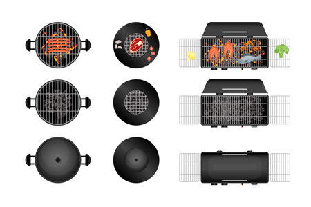 Color Different Barbecue Grill Top View with Coal and Empty Set. Vectorのイラスト素材