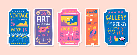Cartoon Color Art Gallery Museum Exhibition Retro Tickets Stickers Set. Vectorのイラスト素材
