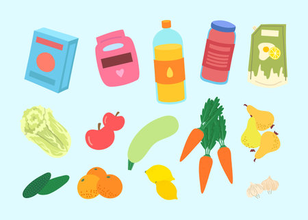 Cartoon Color Different Types Grocery Products Set. Vectorのイラスト素材