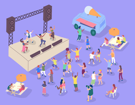 Cartoon Color Band on Stage and Crowd Dancing Street Food Caravan Trailer Around 3d Isometric View. Vectorのイラスト素材