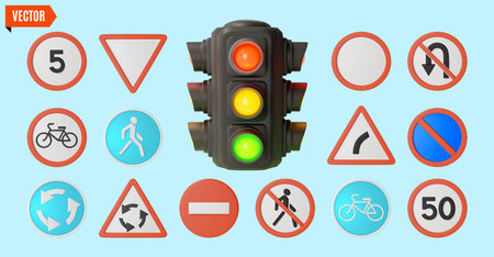 3d Rules Concept Traffic Light and Different Road Signs Cartoon Design Style. Vectorのイラスト素材