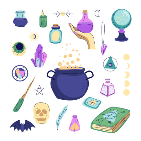 Cartoon Color Different Magic Items Set with Line Art Elements. Vectorのイラスト素材