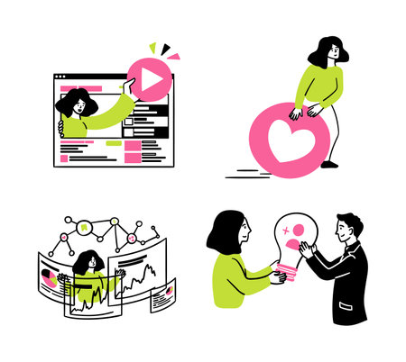 Cartoon Color Social Media Marketing Engagement Tactics Concept Scenes Set. Vectorのイラスト素材