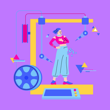 Cartoon Color Character Girl Model and 3d Printed Fashion Clothing Concept. Vectorのイラスト素材